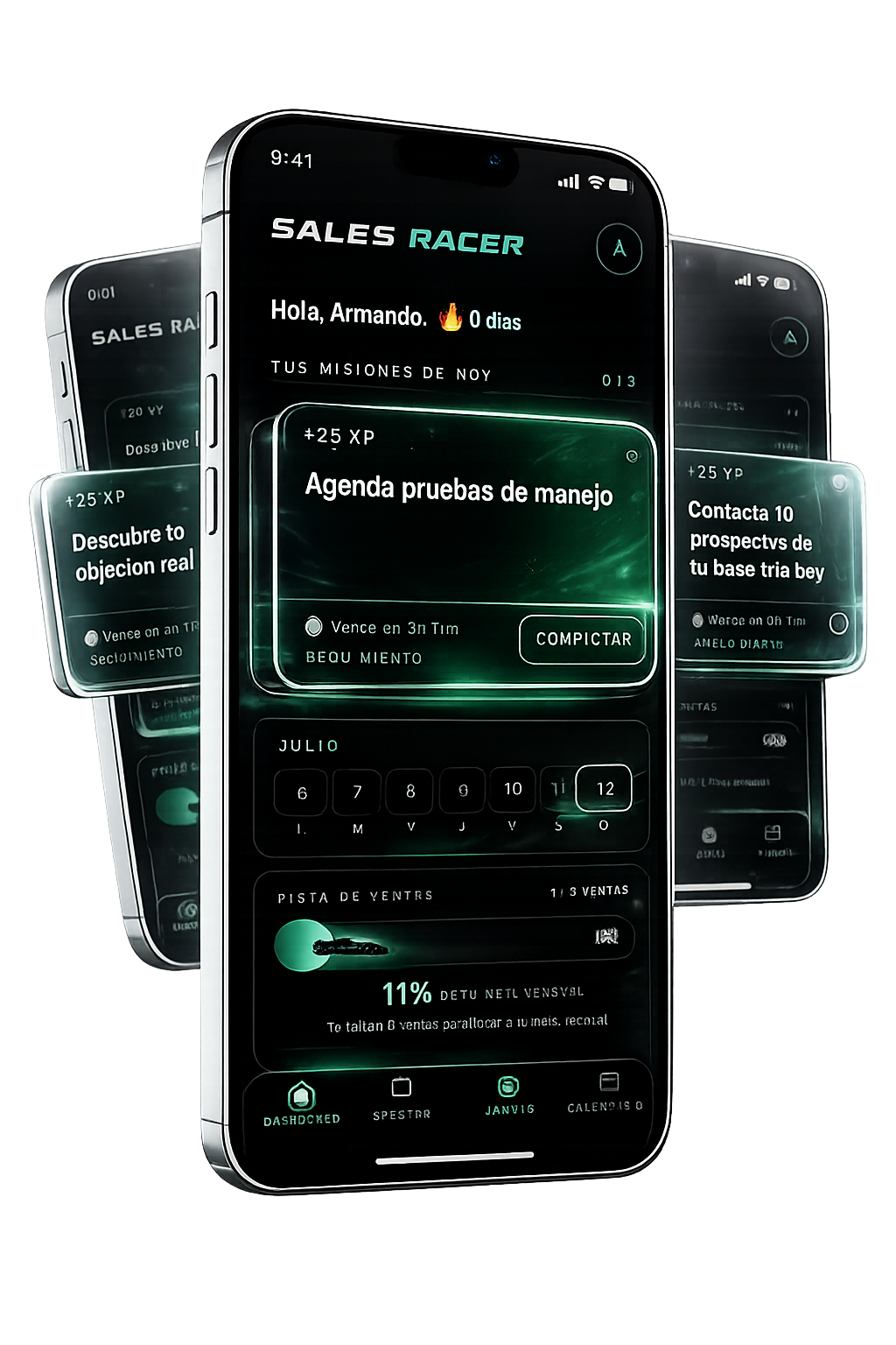 Vista previa de la app Sales Racer: dashboard con misión diaria, calendario y pista de ventas