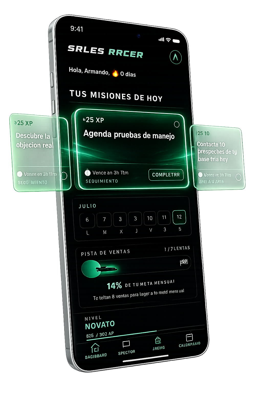 Vista previa de la app Sales Racer mostrando las 3 misiones del día en formato carrusel