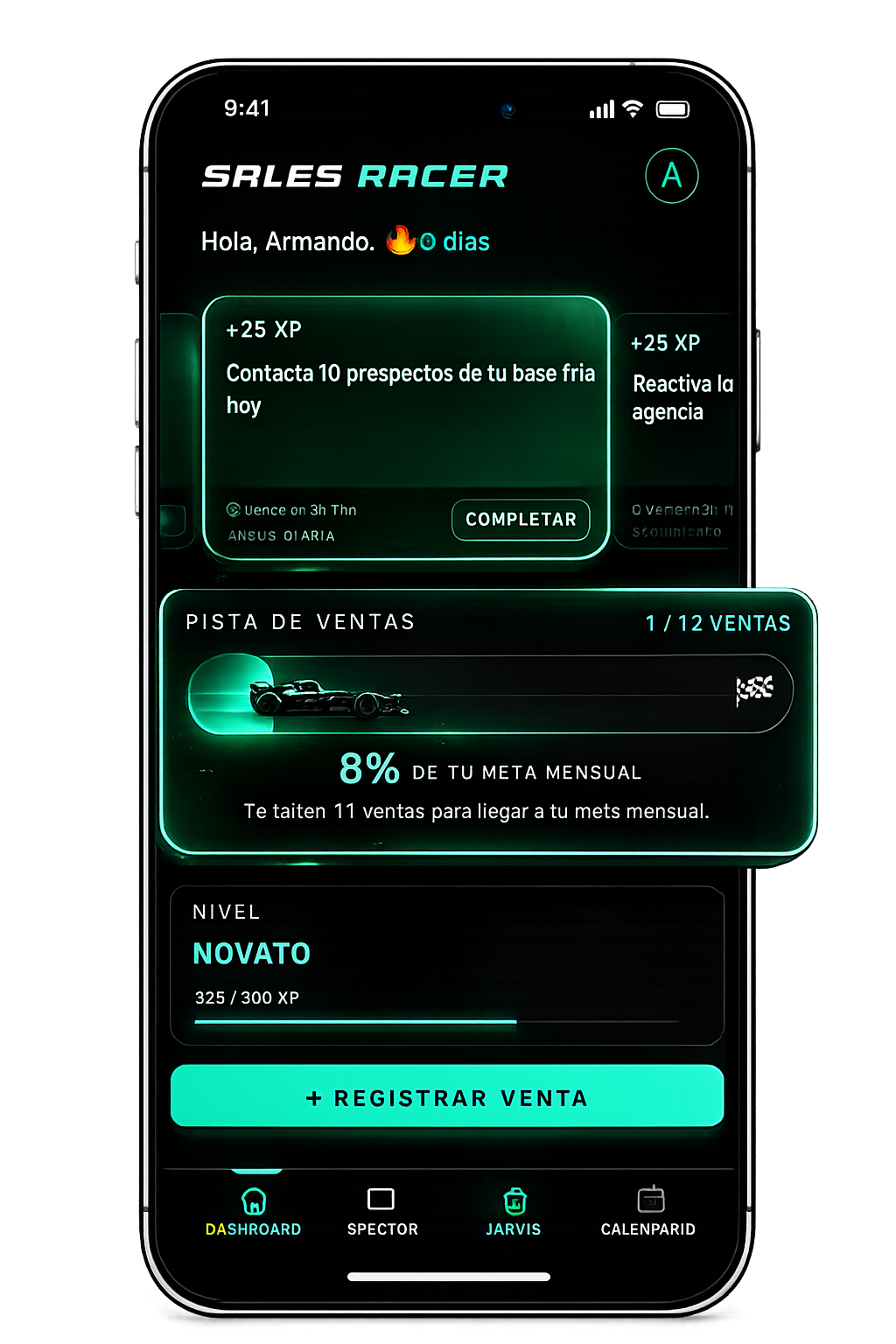 Vista previa de la app Sales Racer mostrando la pista de ventas y el progreso hacia la meta mensual